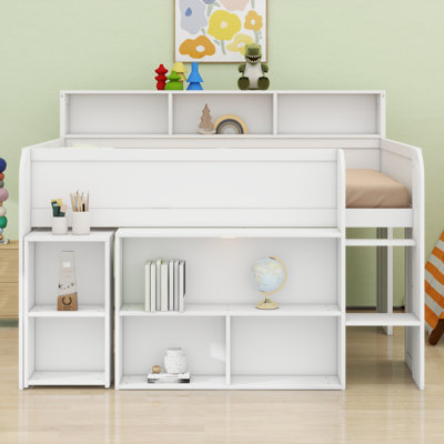 Sturdy Wood Loft Bed With Attached Desk, Built-In Shelving And Decorative LED Lighting System