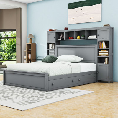 Wooden Platform Bed With 2 Drawers and Trundle and Cabinet
