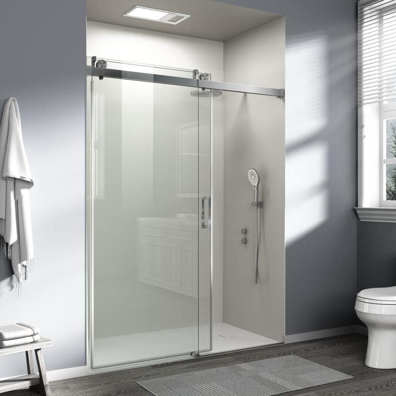 56“-60” W x 76“ H Single Sliding Frameless Shower Door Soft-Close with 3/8" (10mm) Explosion-Proof Tampered Glass, Buffer Function