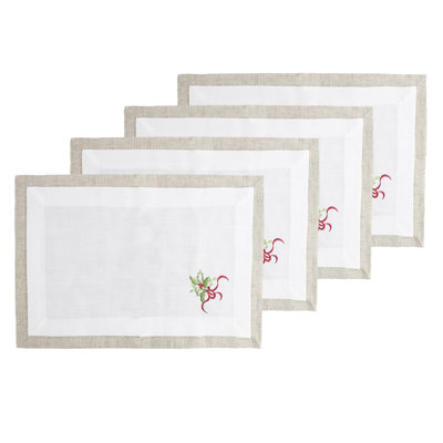 Natural-white Embroidered Holly Christmas Tree Double-layer Holiday Placemat, Set Of 4