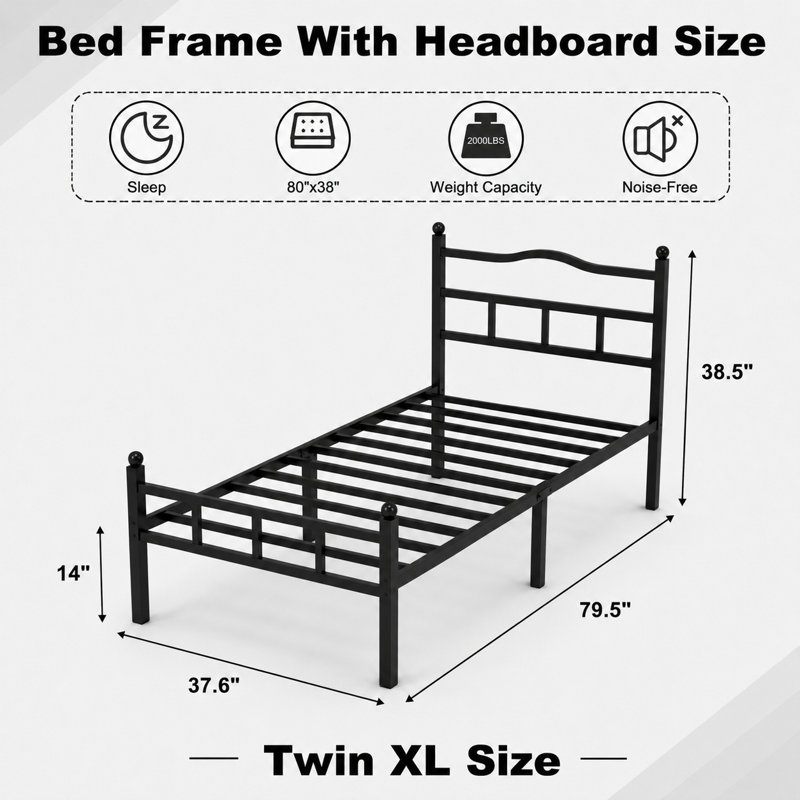 Metal Bed Frame With Headboard Twin Xl Sized, Twin XL