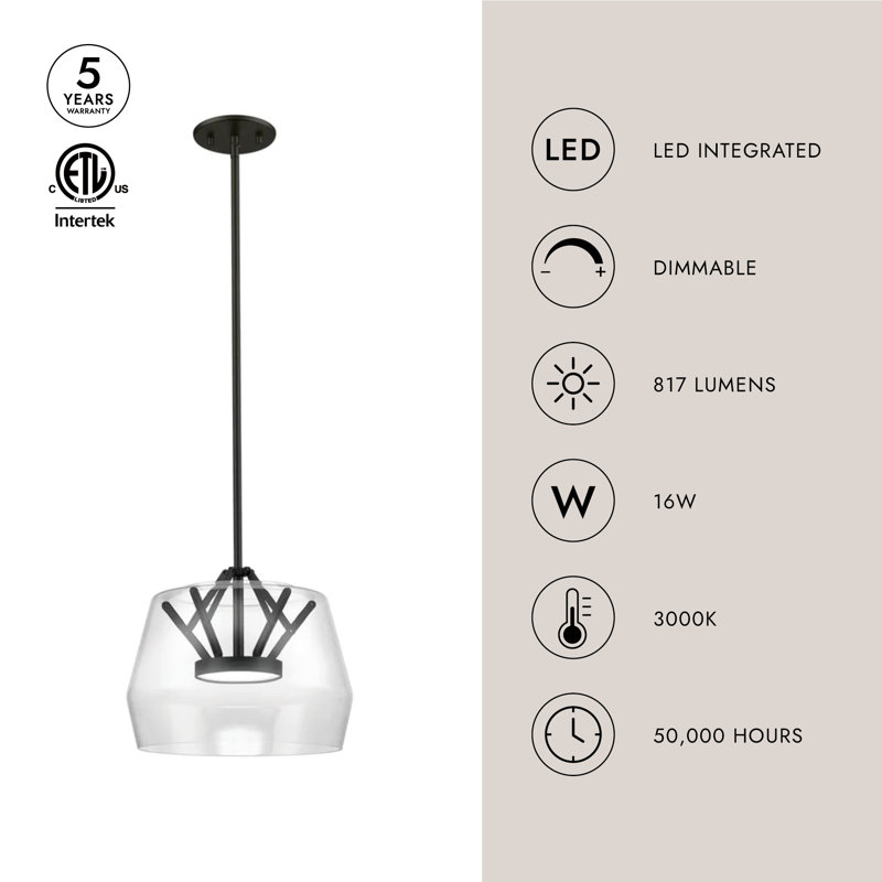 1 - Light LED Pendant, 7.88" H x 11.75" W x 11.75" D, Clear, Black