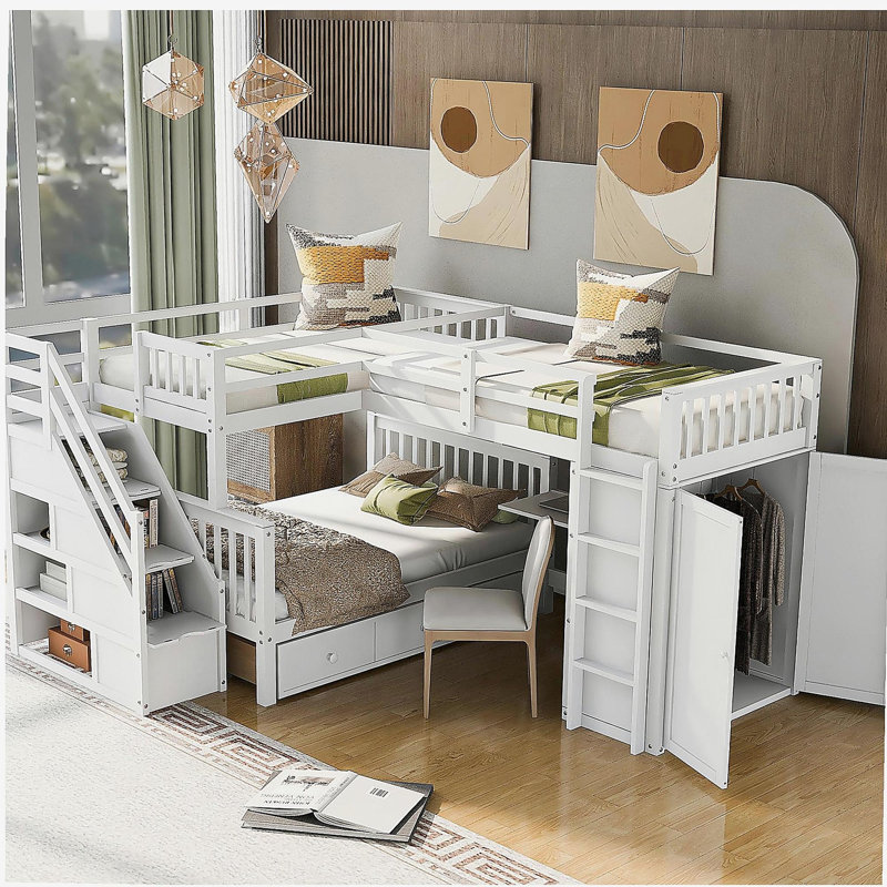 Lit superposé simple en L avec 3 tiroirs, bureau portatif et garde-robe, espresso (ANCIEN SKU: LT100542AAP), Espresso