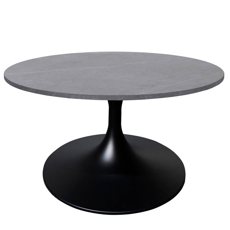Table basse ronde de 27 po avec plateau en pierre frittée et piédestal en acier inoxydable, collection Rorey, Gris