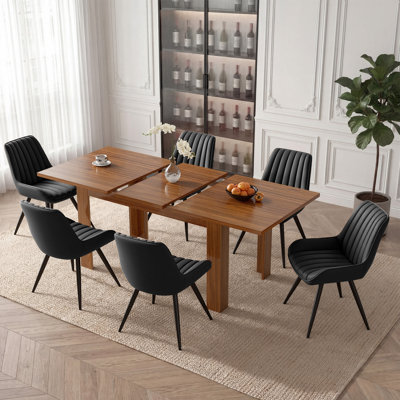 Fecteau Modern Farmhouse 7-Piece Extendable Rectangular Dining Table Set With 6 Upholstered Chairs, Expandable Space-Saving Kitchen Dining Room Furnit