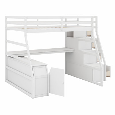 Lit mezzanine avec 7 tiroirs, 2 tablettes et un bureau
