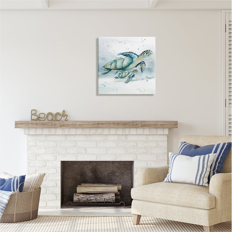 Sea Turtle and Baby Blue and Green Canvas Wall Art