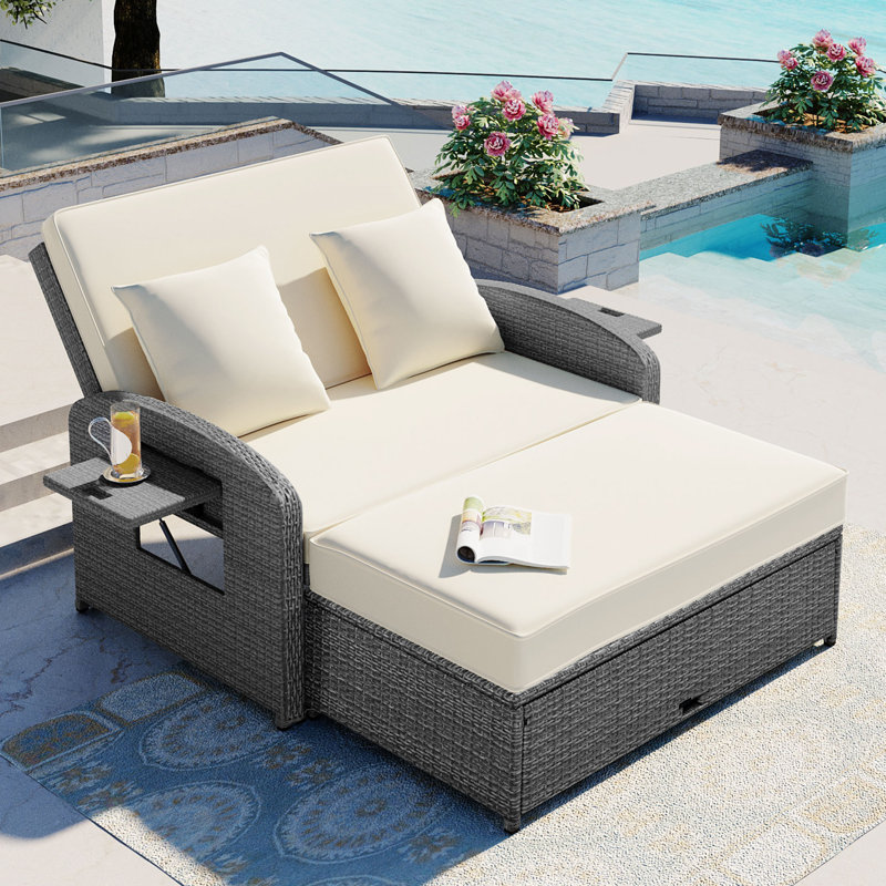Chaise longue double inclinable avec coussins 70,8 po Bernardin, Blanc / Gris foncé, Light Grey