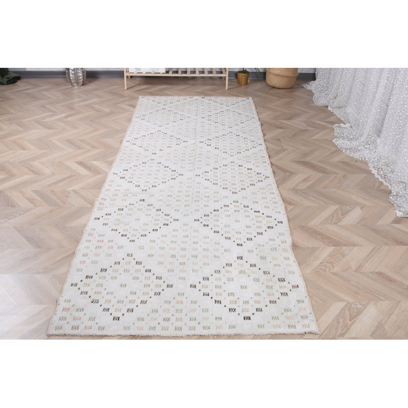 Vintage Turkish Kilim Runner Enhances Kitchen with Beige Oriental Designs and Farmhouse Aesthetic