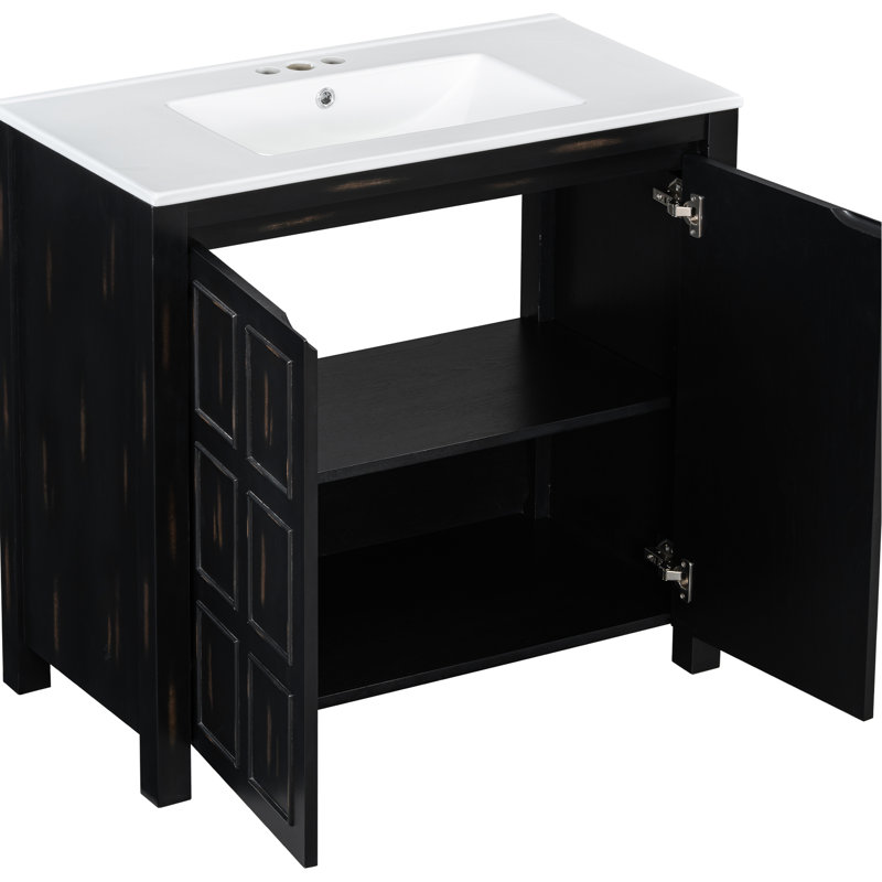 Meuble-lavabo de 36 pouces, fabriqué à la main avec lavabo en céramique, élégance vieillie, structure, style de meuble-lavabo spacieux, bois massif, finition, compartiments spacieux
