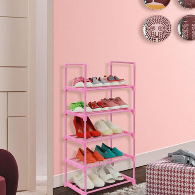 5-Tier Small Kids Shoe Rack Organizer, Pink Toddler Shoe Shelf Shoe Stand For Closet Narrow Space,Mini Shoe Storage Rack Short Shoe Tower