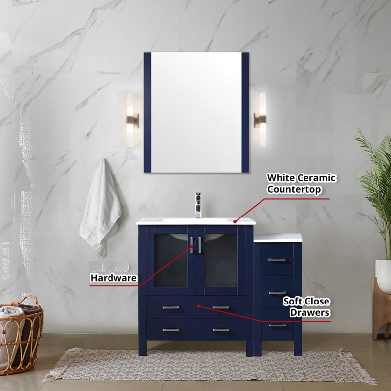 42 In. W Navy Blue Bathroom Vanity With Side Cabinet, Included Faucet , White Ceramic Top And 28 Wall - Attached Decorative Long Full Size Mirror Bath Included,