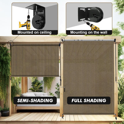 Walnut Outdoor Roller Shade Fabric Blind Sesame 220GSM Roll Up Shade, Wand Operation Exterior Roller Shade Cloth for Patio Porch Gazebo, Spliced of Two