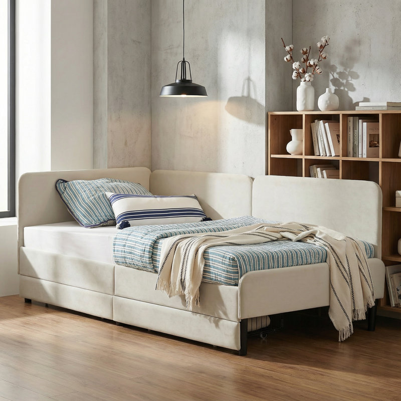 Canapé-lit convertible simple en velours avec tiroirs de rangement - Lit de jour beige peu encombrant, sans sommier, Beige