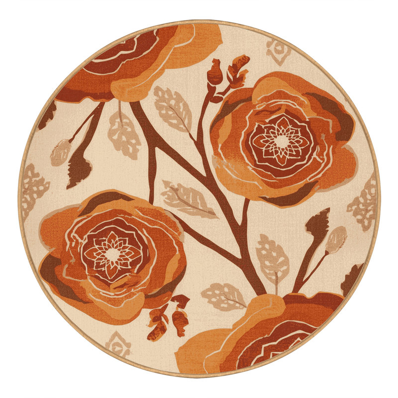 Machine Washable Ottwell Wild Rose Bohemian Moroccan Rug in Brown – LightBrown Binding, 4' Round