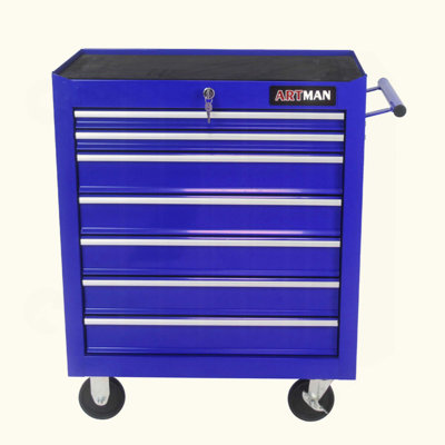 Chariot à outils multifonctionnel à 7 tiroirs avec roues, verrouillable et durable pour le rangement organisé et la mobilité.