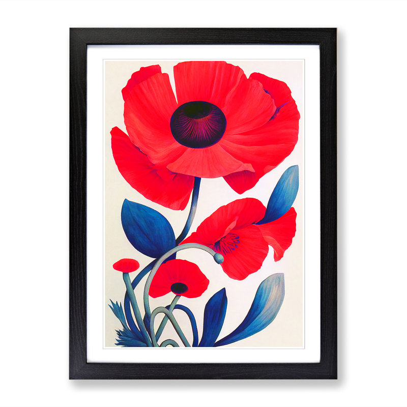Poppy Flower Design - Picture Frame Print, Black, 64cm H x 46cm W x 2cm D