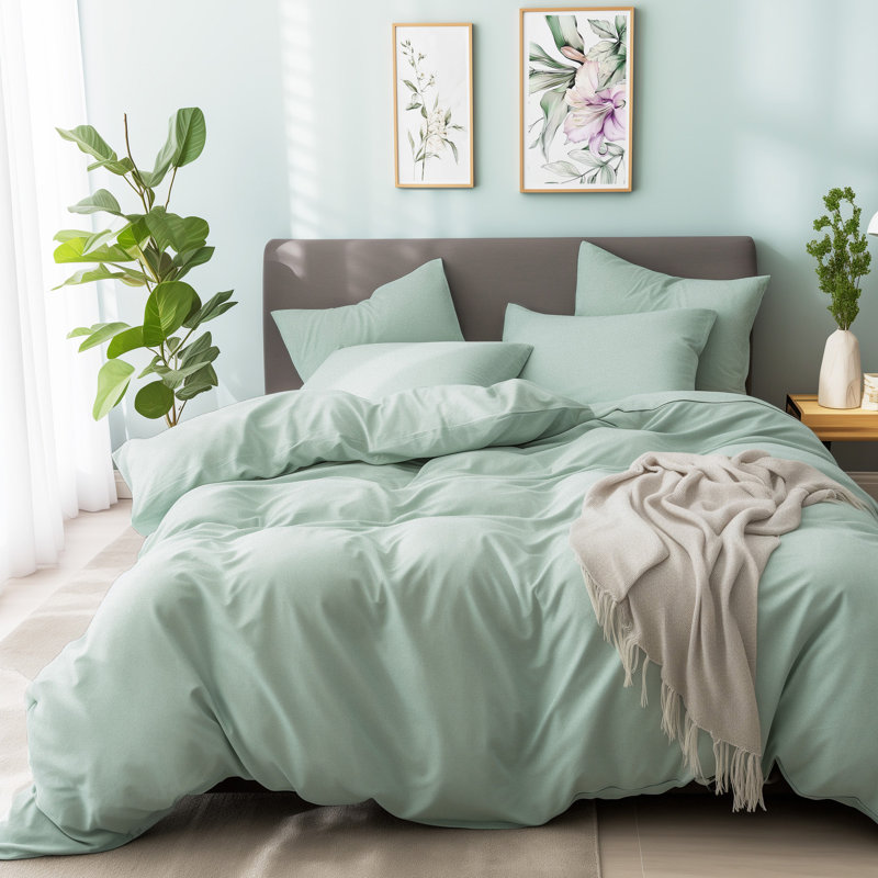 HOME BEDDING Jersey Cotton Duvet Cover Set, Queen Duvet Cover + 2 Standard Shams, Sage Green