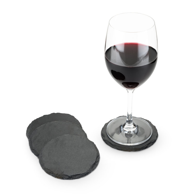 Black Slate Round Coasters with Velvet Backing, Set of 4