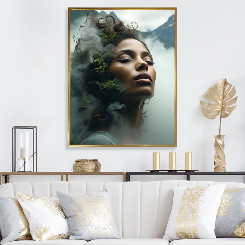 "Double Exposure Woman and Mountain Echoes III", Cadre flottant doré, H 44 po x l 34 po x P 1,5 po