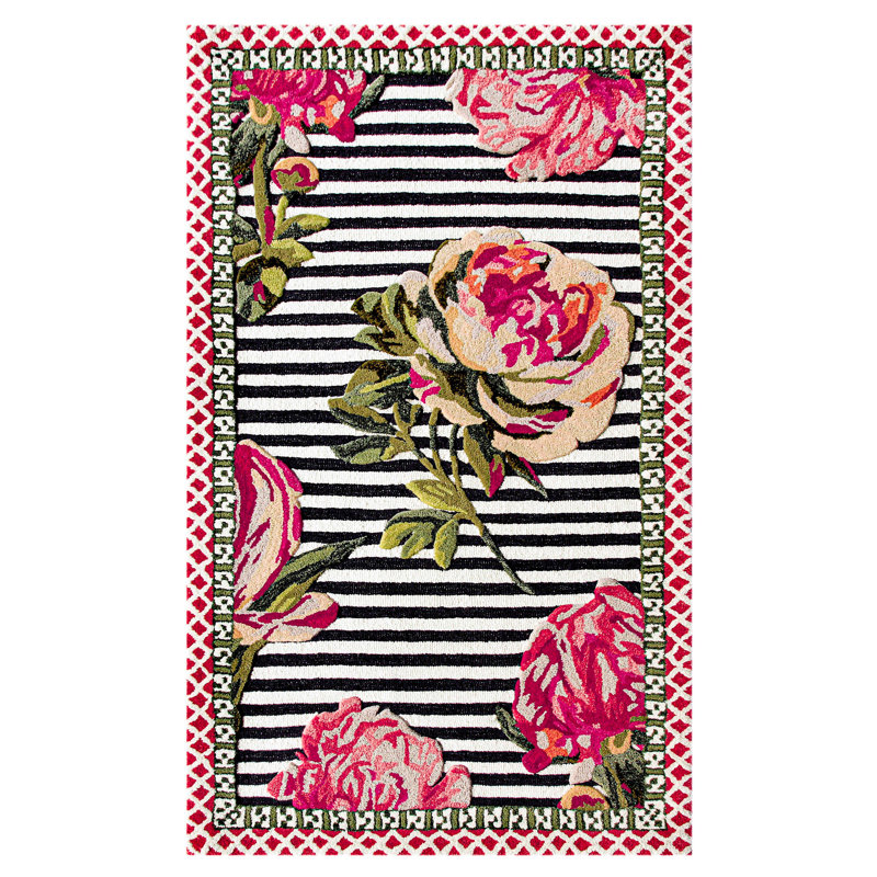 Handmade Black and Pink Floral Wool Viscose Rug