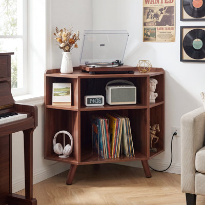 Meuble de coin pour platine vinyle et tablette multimédia, 60,3 x 60,3 x 77,8 cm, panneau de fibres de moyenne densité (MDF), monobloc, console, brun, rangement à trois niveaux pouvant contenir jusqu'à 160 disques vinyles