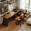 Bureau en fer massif en forme de L brun noyer + noir-144204321-144204327