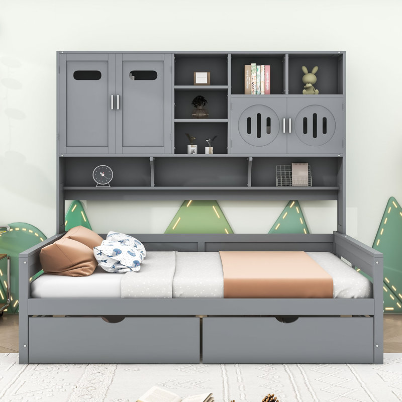 Wooden Daybed with Shelves and 2 Drawers, Full/Double, Gray