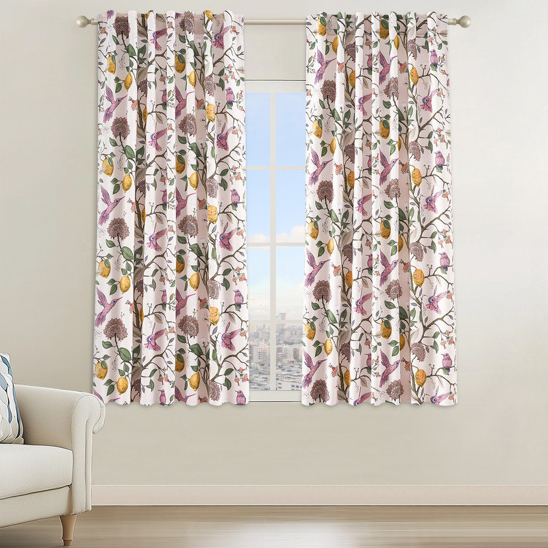 Fancy Hummingbird Patterned Blackout Curtain,Rod Pocket Back Tab Floral Drapes,Set of 2, 52" W x 63" L, White
