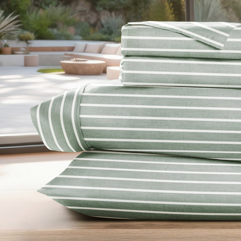 4 Piece Delicate Details Pattern Sheet Set, Full Sheet Set with 2 Standard Pillowcase, Eucalyptus Striped