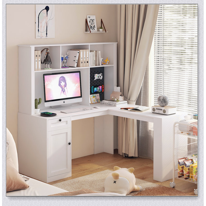 Bureau en L avec prise, bureau d'ordinateur avec tiroirs, bibliothèque et huche, Blanc