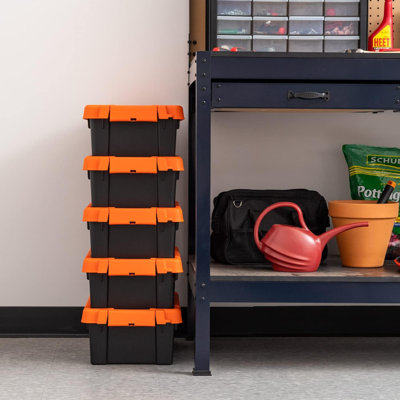 3 Gallon Lockable Storage Bins With Lids, 5 Pack - , Heavy Duty, Stackable Containers, Garage Organizing Bins Moving Tubs, Rugged Sturdy Equipment Utility Box - Black/Orange