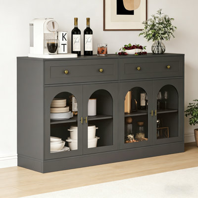 55 in Wide Sideboard Buffet Cabinet with 4 Acrylic Doors & 2 Drawers, Farmhouse Kitchen Storage Cabinet, Wooden Console Table for Living Room, Dining Room, Entryway, Black