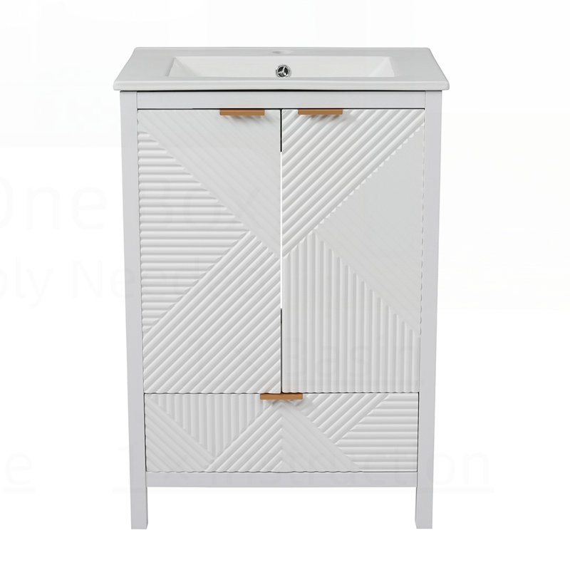 Meuble-lavabo moderne avec lavabo, trou de robinet simple, portes texturées et grand rangement, pieds en pin, charnières à fermeture en douceur