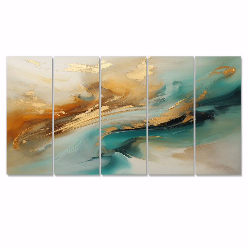 Golden Sunrise On Turquoise II - Art mural abstrait pour le salon 5 pièces, H 28 po x l 60 po