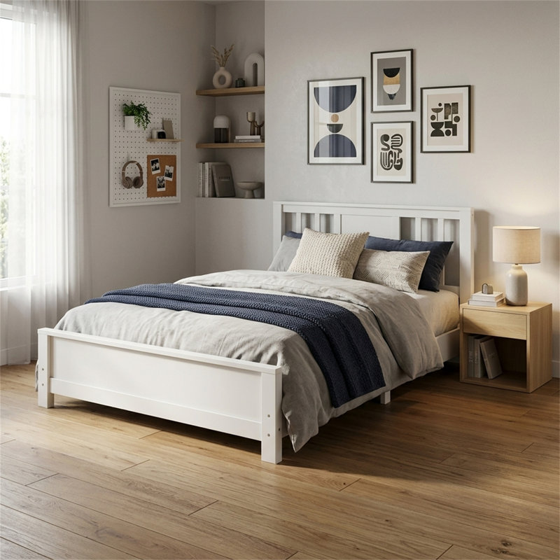 Twin-Size Bed Frame, Low-Profile Platform Bed With Headboard, No Spring Box Required, White Finish, White