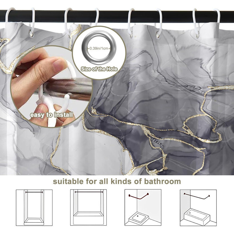 Pack of 1 Gold Grey Marble Minimalist Abstract Bath Curtain with Hooks, 182.88cm H x 213.36cm W
