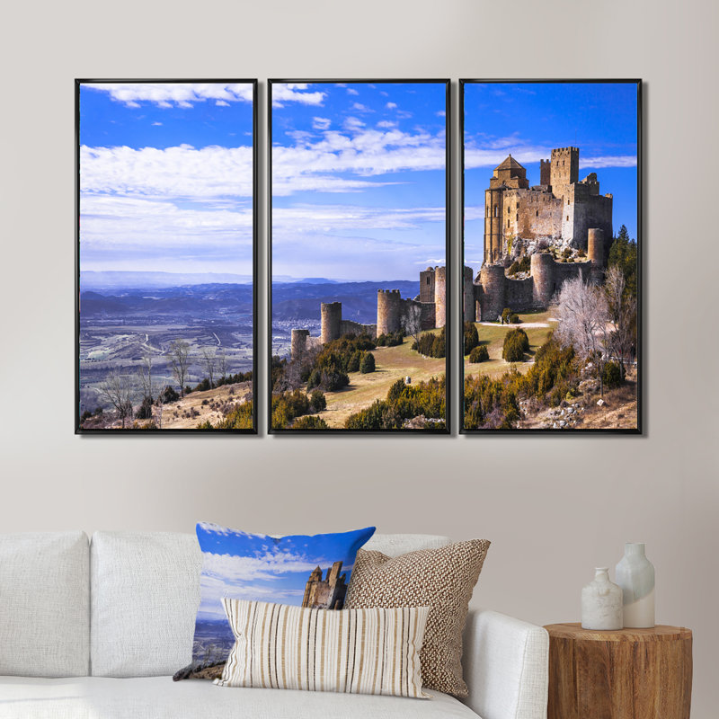 «Medimar Loarre Castle Panorama», ensemble de 3 reproductions encadrées sur toile, Cadre noir, H 20 po x l 36 po x P 1 po