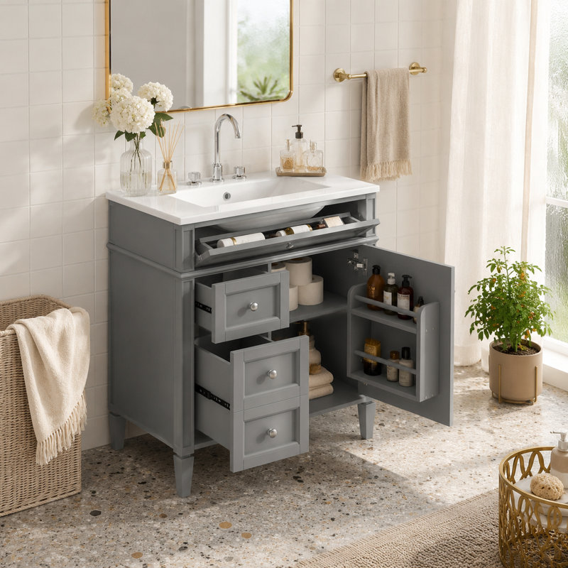 Matte Gray Freestanding Bathroom Vanity with Chrome Knobs & Ceramic Sink