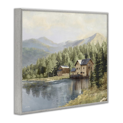«Lakeside Cabin with Mountain View», estampe numérique, conception signée Amber Sterling