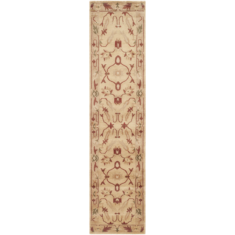 Tapis oriental tibétain en laine noué à la main rose / beige, Tapis de couloir 2 pi 6 po x 10 pi