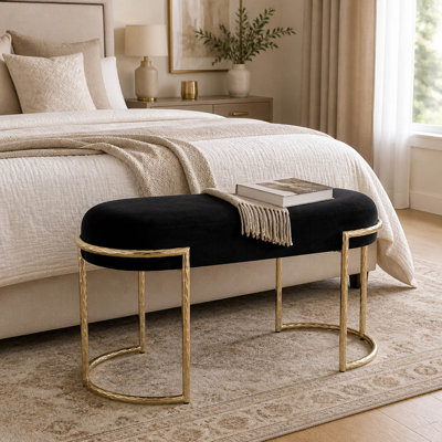 Banc d'appoint moderne avec cadre en métal et base en bois pour chambre à coucher - Présentoir rembourré en velours rembourré pour salle à manger - 32 po, noir et or