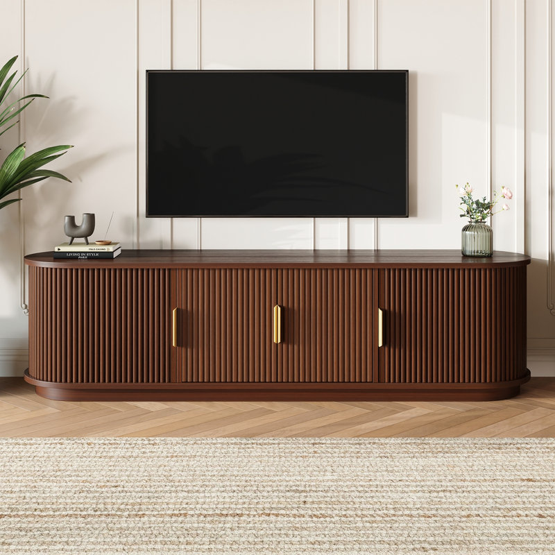 Farmhouse Wooden TV Stand for TVs up to 75" with Sliding Tambour Doors, Fluted Media Console with Adjustable Shelves, Golden Handles & Cable Management for Living Room