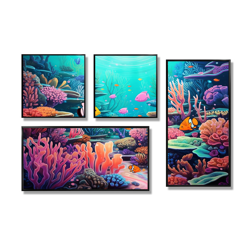 Kawaii clownfish corail Lansdscape I - gros poisson, décoration murale 4 pièces, Impression encadrée sans passe-partout, Noir