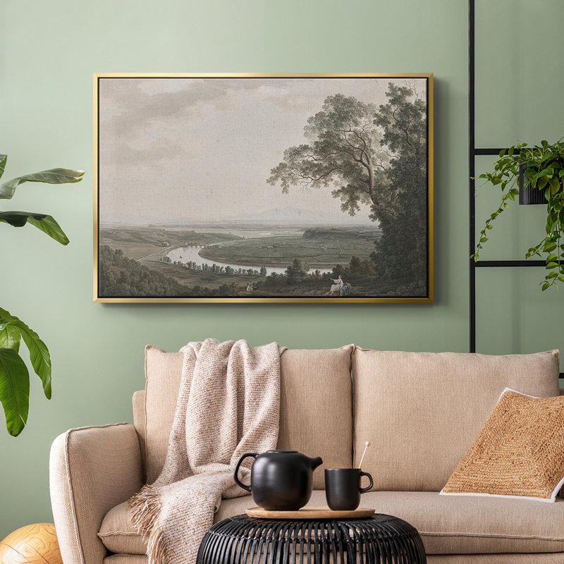 Paysage rétro - CDxxiv, Toile avec cadre flottant or, H 25 po x l 37 po x P 2 po
