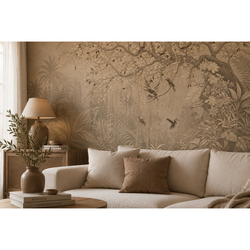 Papier peint botanique sépia tropical, 108" L x 150" W, Peel & Stick