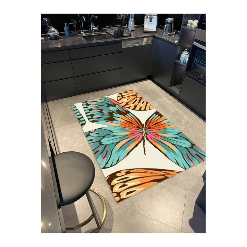 Tapis lavable décoratif à motif papillon abstrait turquoise, Sous-tapis carré 3 pi 3 po inclus