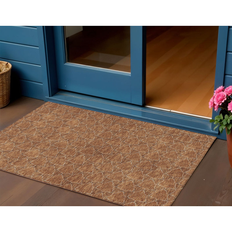 3' X 5' Orange And Ivory Geometric Washable Indoor Outdoor Area Rug