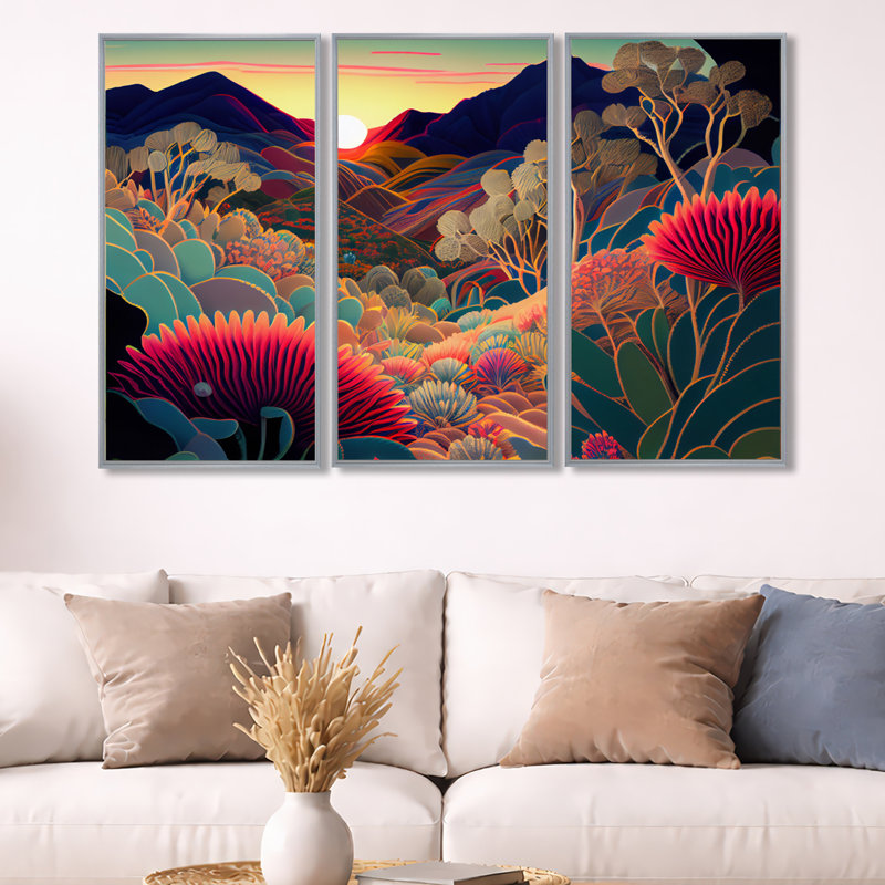 Fleurs colorées pendant l'heure dorée I - Paysage montagnard, ensemble d'art mural sur toile, H 28 po x l 36 po