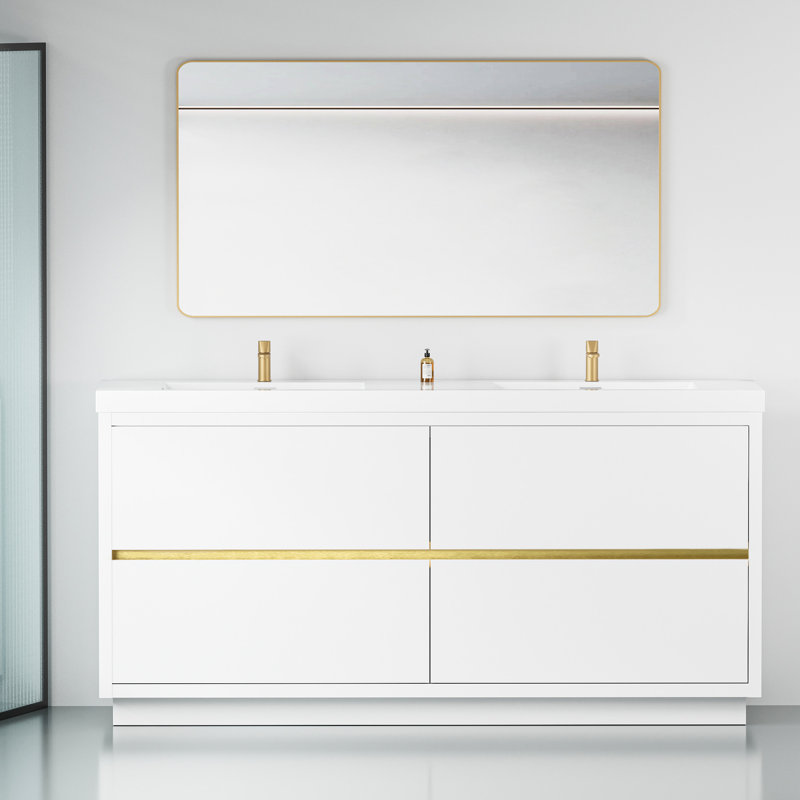 Armoire de salle de bain autoportante - blanc brillant de 72 po, comptoir en résine de pierre, tiroirs à fermeture en douceur, meuble-lavabo blanc pour articles de rangement, rangement maximisé